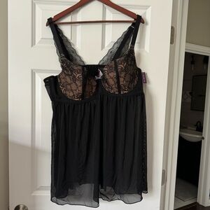 NWT Adore Me brand. Black lacy babydoll with matching thong. Size 44DD/4x